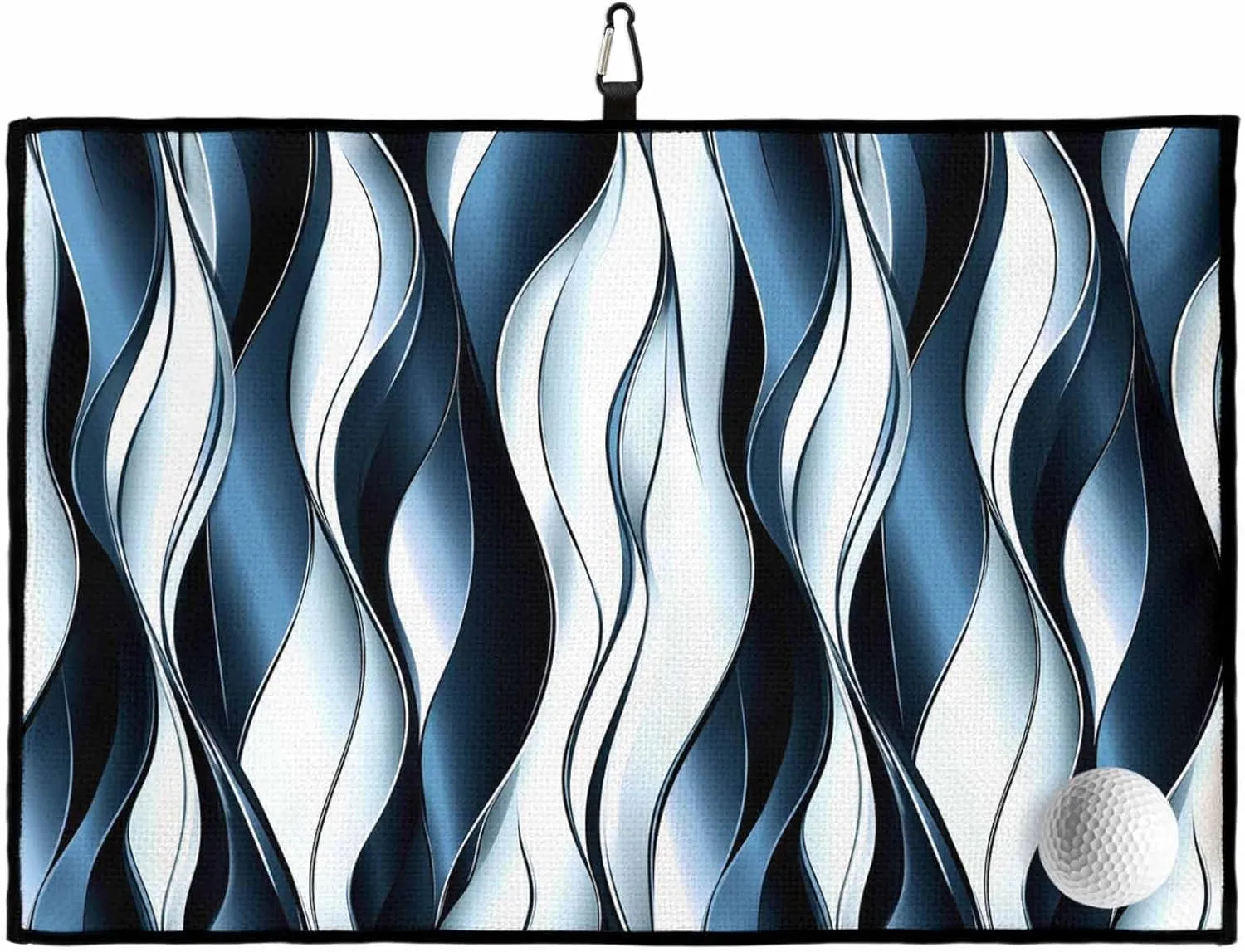 Gradient Blue White Stripes Golf Towels 24x16in, Absorbent Microfiber Waffle Pattern Golf Towel with Carabiner Clip Abstract Wavy Waves Line Cleaning Cloth for Ball Club