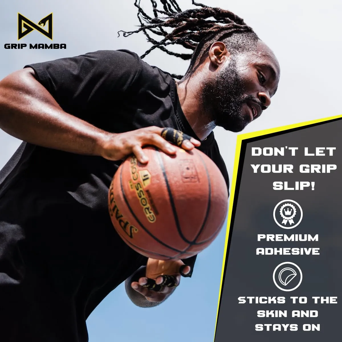GRIP MAMBA Elastic Athletic Finger Tape, 1”Wide w/Premium Adhesive, Protects Hand Thumb Fingers Enhances Grip, Sleeve Blister Wrap for Sports, Golf, Tennis, Basketball, Pickleball (Black, 6 Rolls)