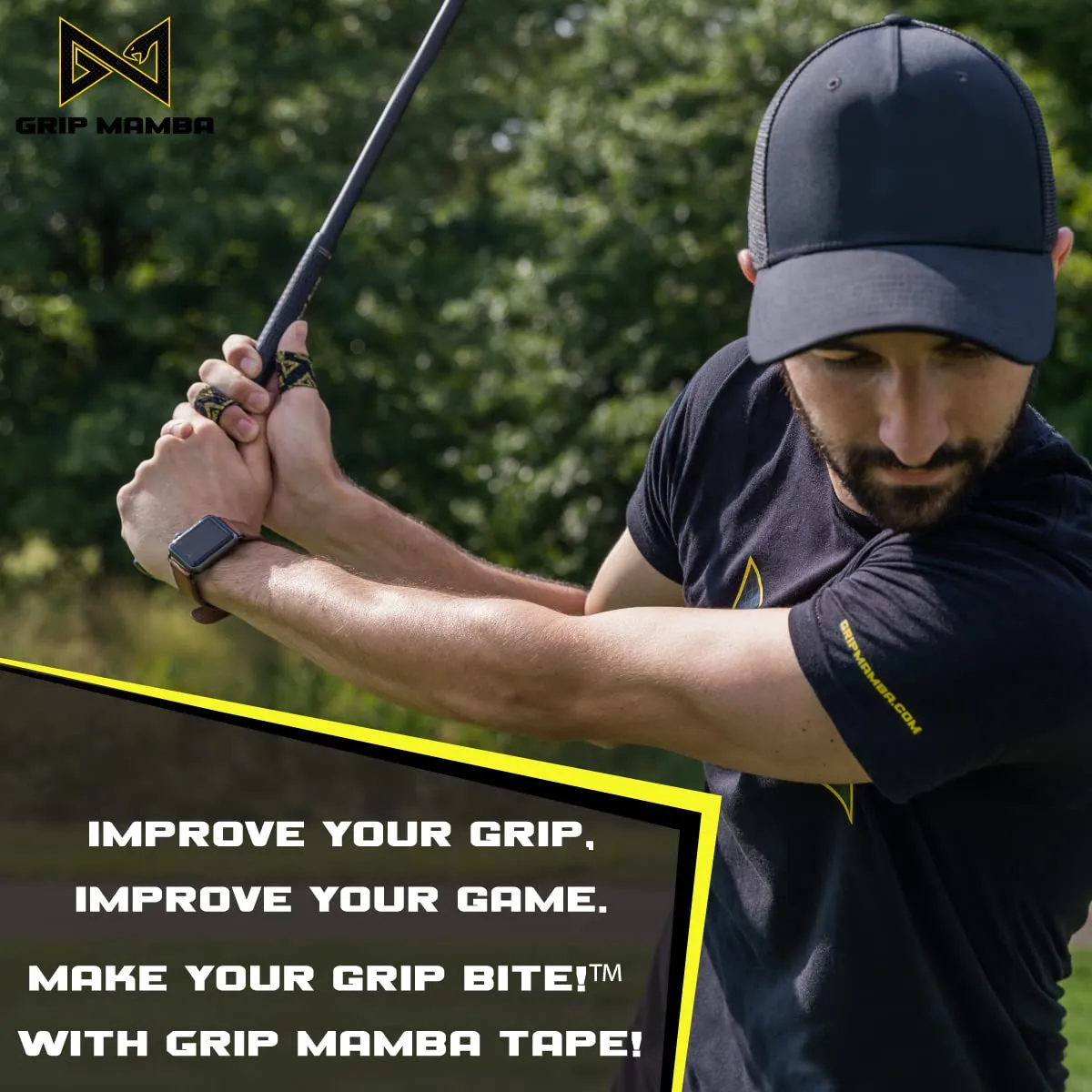 GRIP MAMBA Elastic Athletic Finger Tape, 1”Wide w/Premium Adhesive, Protects Hand Thumb Fingers Enhances Grip, Sleeve Blister Wrap for Sports, Golf, Tennis, Basketball, Pickleball (Black, 6 Rolls)