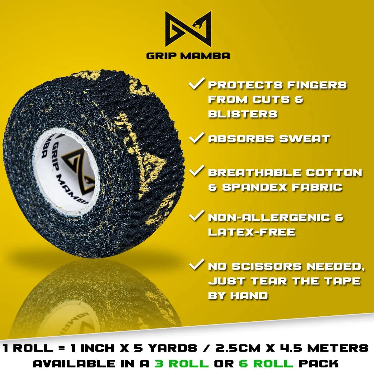 GRIP MAMBA Elastic Athletic Finger Tape, 1”Wide w/Premium Adhesive, Protects Hand Thumb Fingers Enhances Grip, Sleeve Blister Wrap for Sports, Golf, Tennis, Basketball, Pickleball (Black, 6 Rolls)