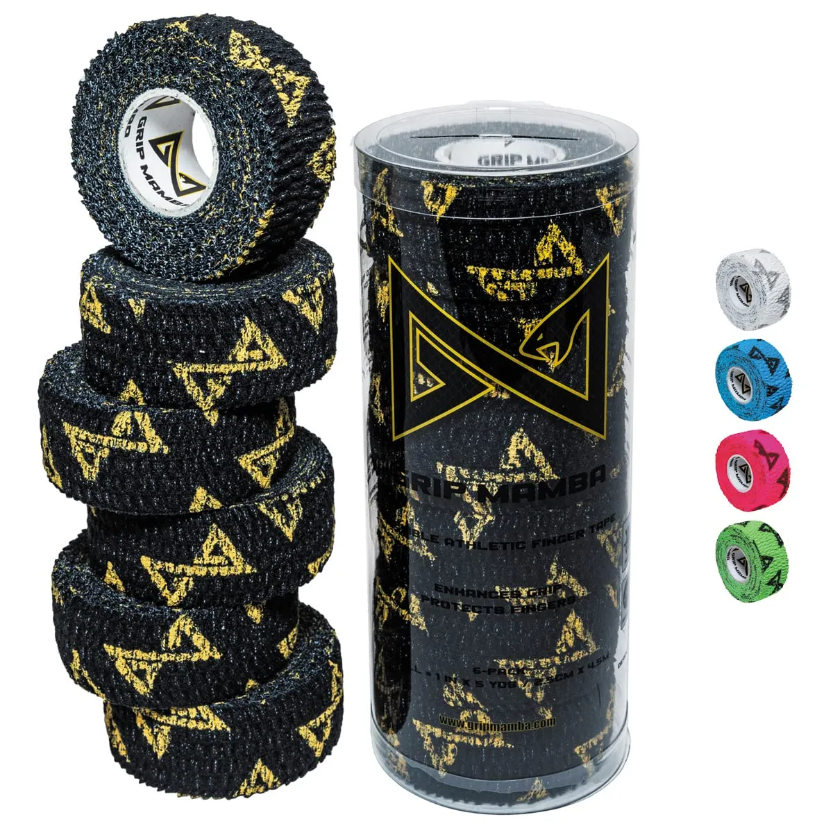 GRIP MAMBA Elastic Athletic Finger Tape, 1”Wide w/Premium Adhesive, Protects Hand Thumb Fingers Enhances Grip, Sleeve Blister Wrap for Sports, Golf, Tennis, Basketball, Pickleball (Black, 6 Rolls)