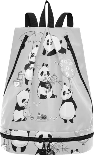 Gym Swimming Drawstring Bags Daypacks Backpack Purse Casual Knapsack Shoulder Bag Sitting Rucksack Cute Pandas with Umbrella Balloon Kettle