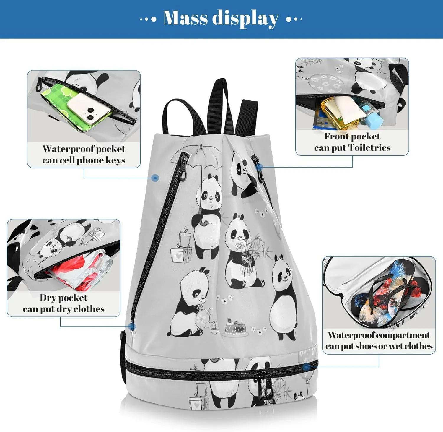 Gym Swimming Drawstring Bags Daypacks Backpack Purse Casual Knapsack Shoulder Bag Sitting Rucksack Cute Pandas with Umbrella Balloon Kettle