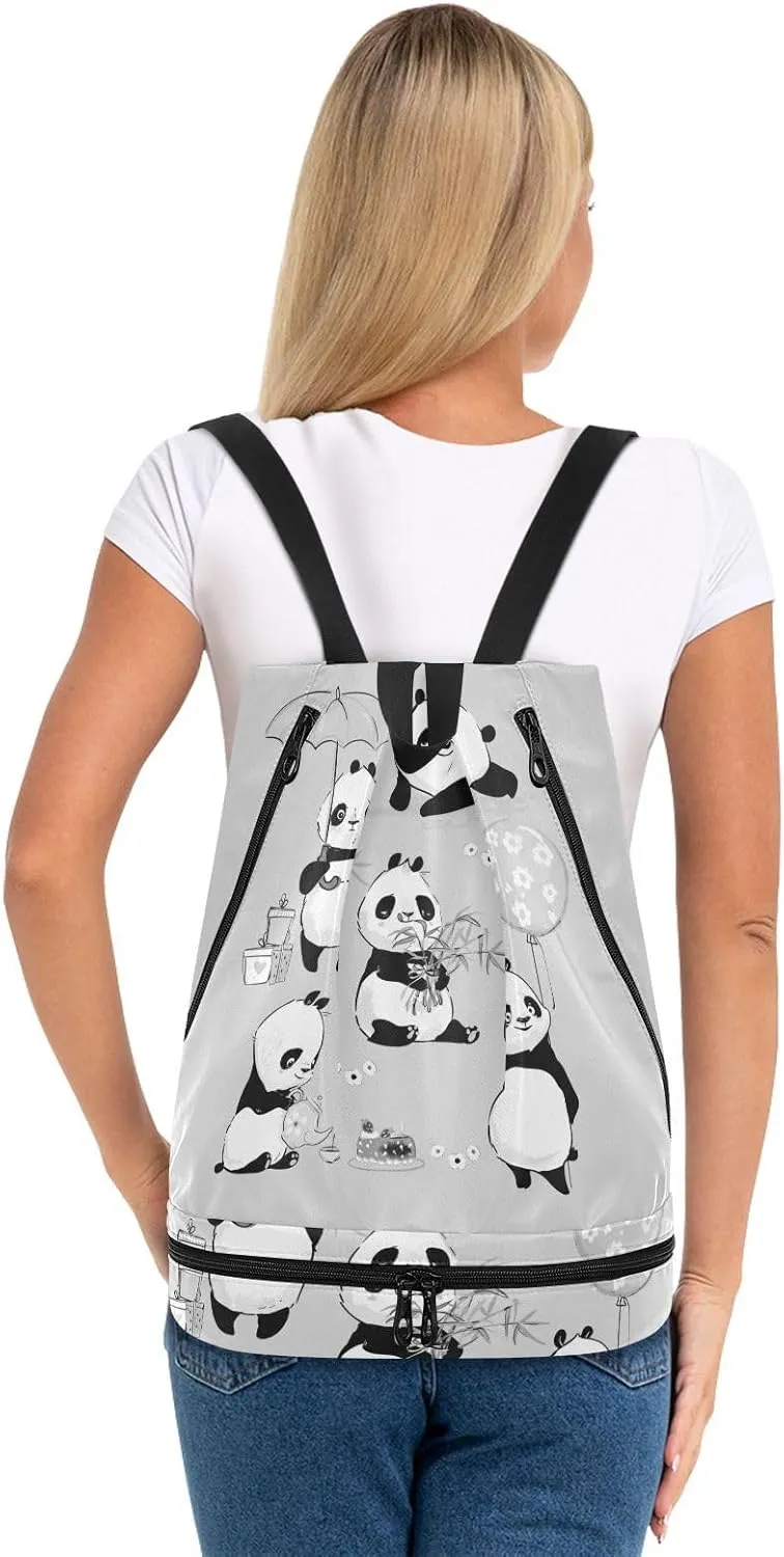 Gym Swimming Drawstring Bags Daypacks Backpack Purse Casual Knapsack Shoulder Bag Sitting Rucksack Cute Pandas with Umbrella Balloon Kettle