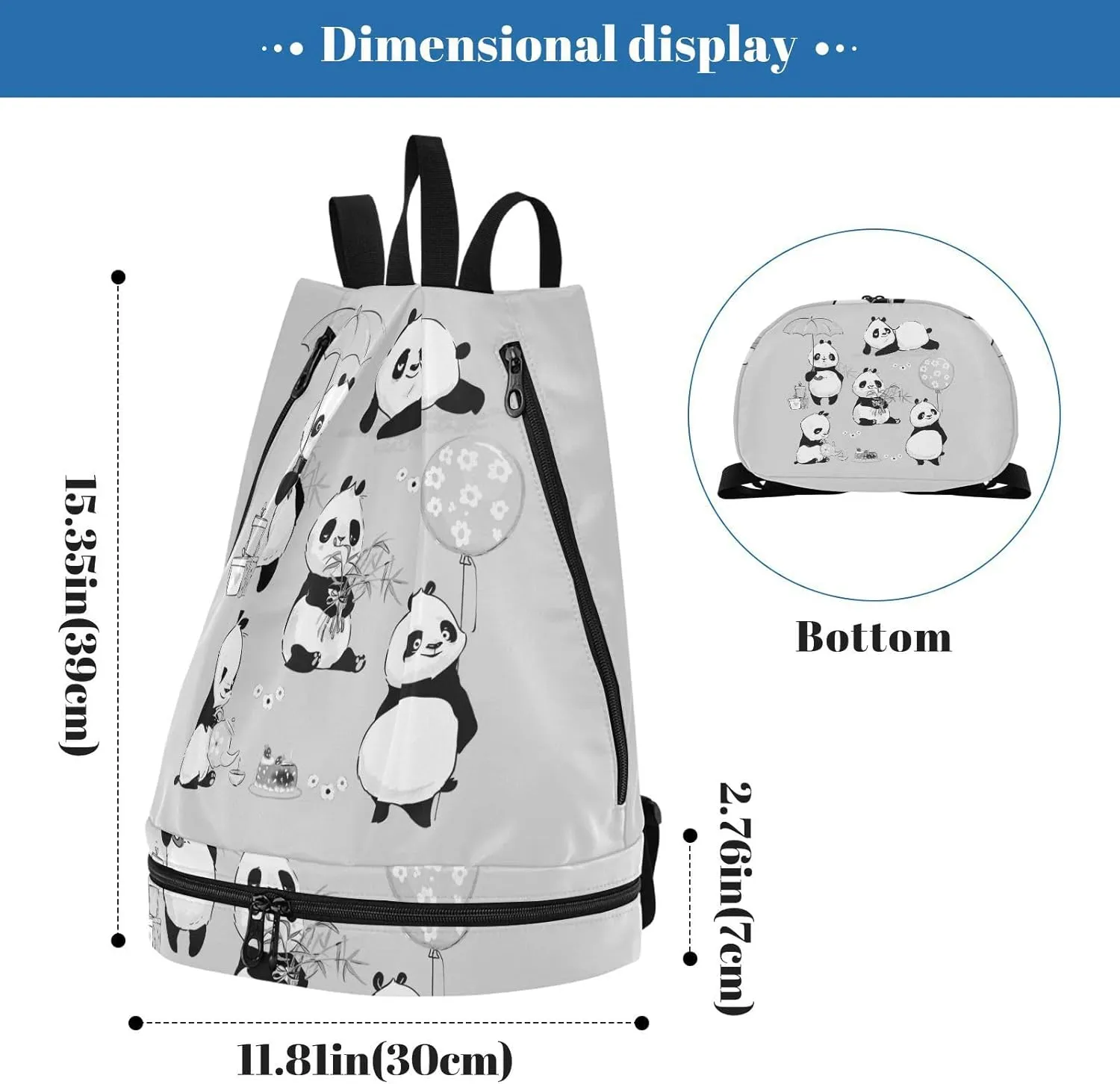 Gym Swimming Drawstring Bags Daypacks Backpack Purse Casual Knapsack Shoulder Bag Sitting Rucksack Cute Pandas with Umbrella Balloon Kettle