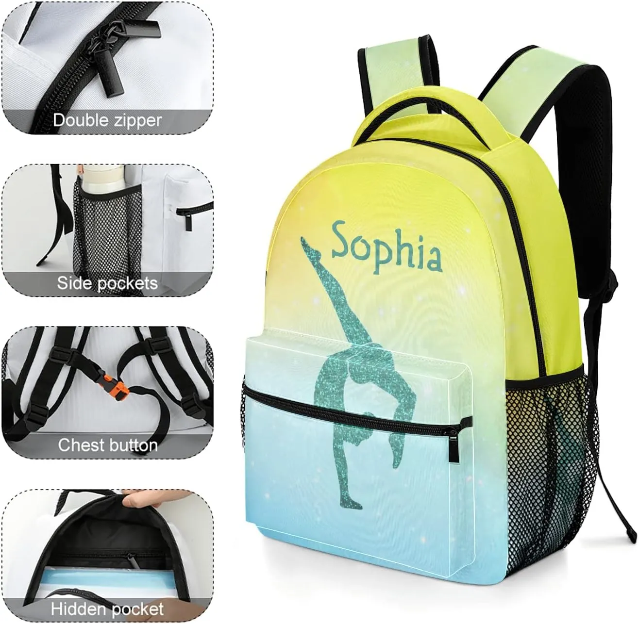 Gymnastics Leap Pastel Yellow Personalized Backpack Waterproof Shoulder Bag for Birthday Holiday Gift with Name