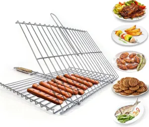 Hakan Grill Basket 11.8 x 15.8-inch for Outdoor Grill, Barbecue Basket for Fish, Steak, Chicken, Vegetables, Shish Kabob and Shrimp, Large Lockable Basket with Wooden Handle, Stainless Steel, BBQ