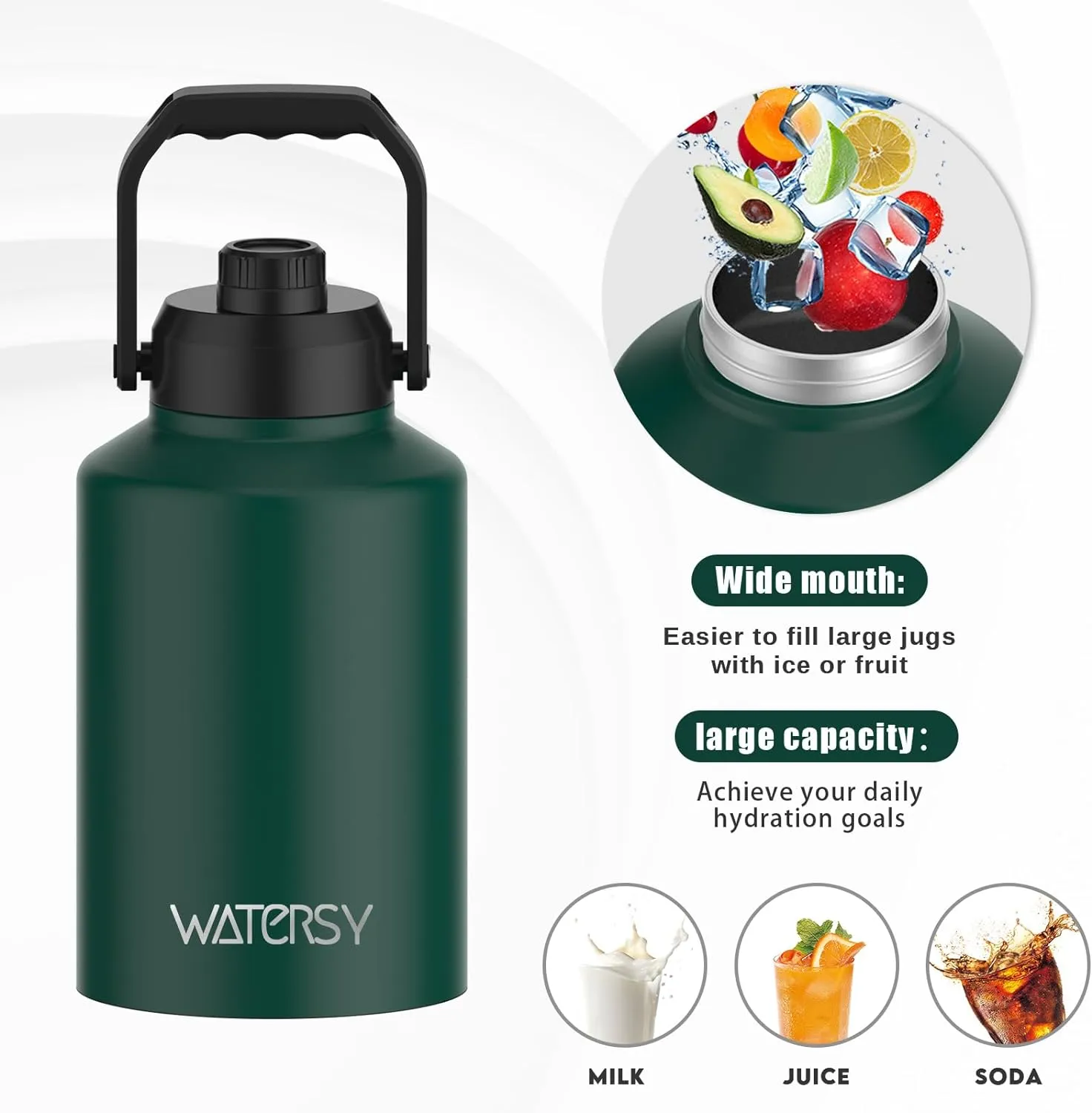 Half Gallon Water Bottle Insulated(Cold for 48 Hrs),BPA Free&Leak Proof,64oz Stainless Steel Water Jug/Flask,Big thermo,Large Water Bottle with Handle for Gym,Hiking,Camping,Dark Green