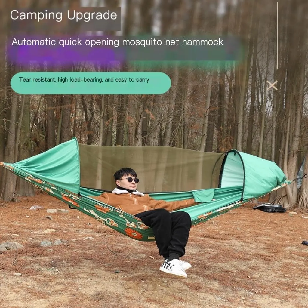 Hammock Automatic Quick-Open Pole Double-Layer Hammock with Sunshade Outdoor Camper Double Hammock with Mosquito Net Hammocks for Outside(C)
