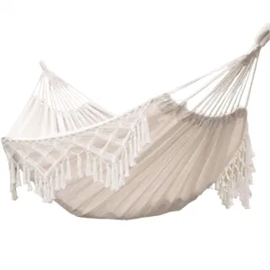 Hammock Brazilian Double Hammocks Soft Comfortable Fabric Cotton Canvas Hanging Portable Two Person Hammock Boho Fringe Large for Adults Backyard Travel