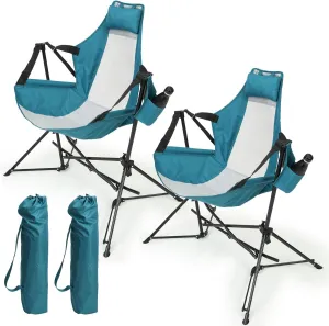Hammock Camping Chair 2 Pack Portable Folding Rocking Chair with Pillow & Cup Holder, Adjustable Recliner for Outdoor Travel Lawn Backyard, Lightweight Aluminum Alloy Frame with Carry Bag (Blue)