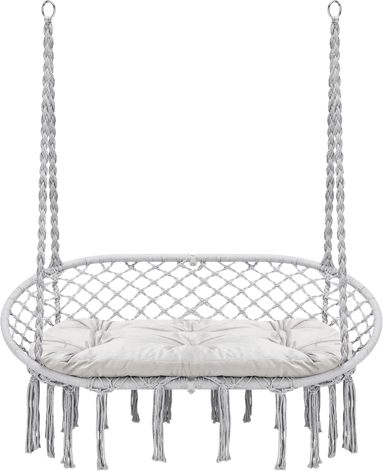 Hammock Chair Macrame Hanging Swing with Cushion,Hanging Cotton Ropes, Metal Frame, 450 lbs Capacity Indoor Outdoor, Patio, Balcony, Living,Deck, Yard, Garden(Double Swing)