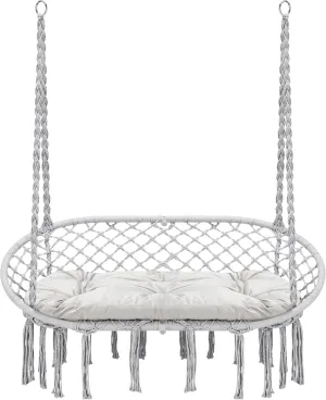 Hammock Chair Macrame Hanging Swing with Cushion,Hanging Cotton Ropes, Metal Frame, 450 lbs Capacity Indoor Outdoor, Patio, Balcony, Living,Deck, Yard, Garden(Double Swing)