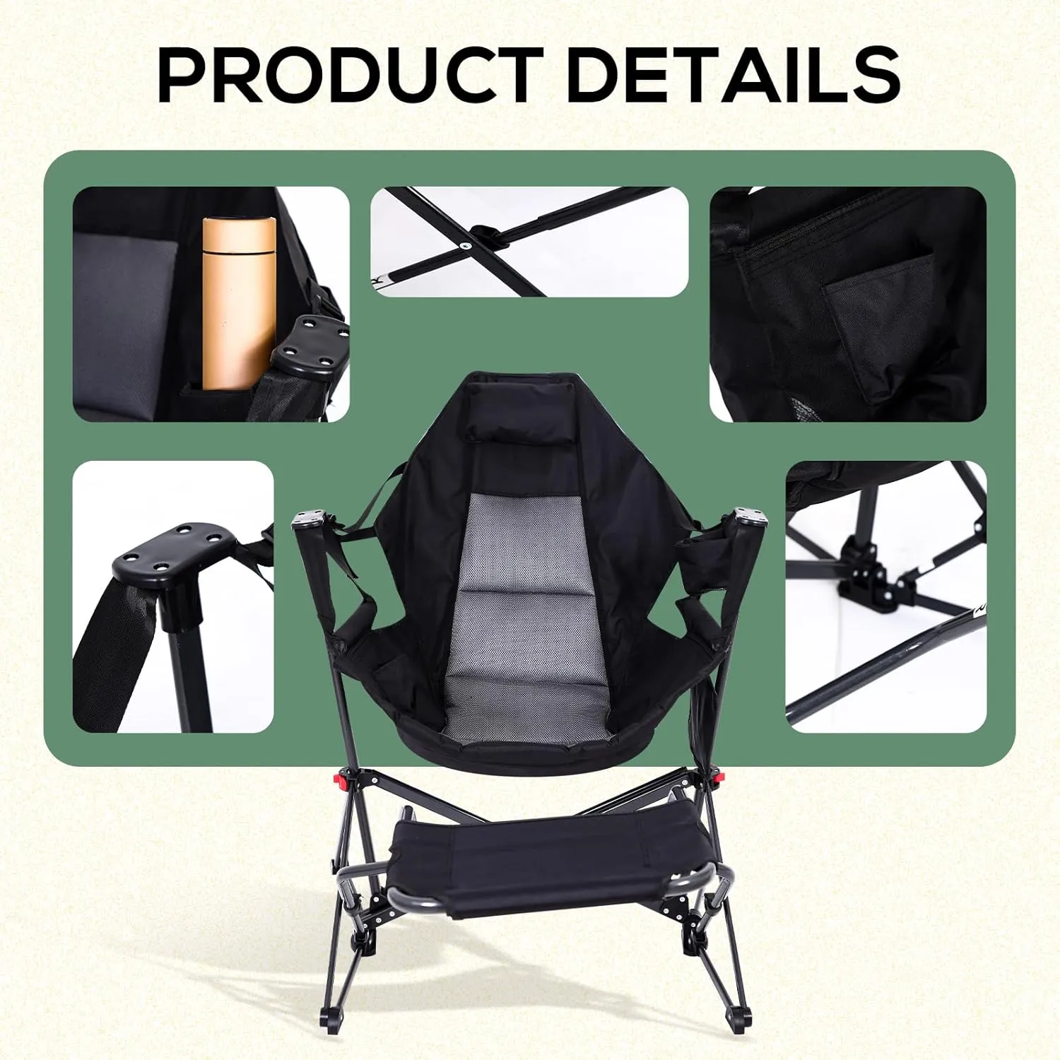 Hammock Chair with Footrest, Hammock Chair, Rocker Camping Chair, Swinging Chair with Footrest, Lightweight & Portable Design, Pocket & Cupholder, Heavy Duty for Outdoor Activities (1 Pack)