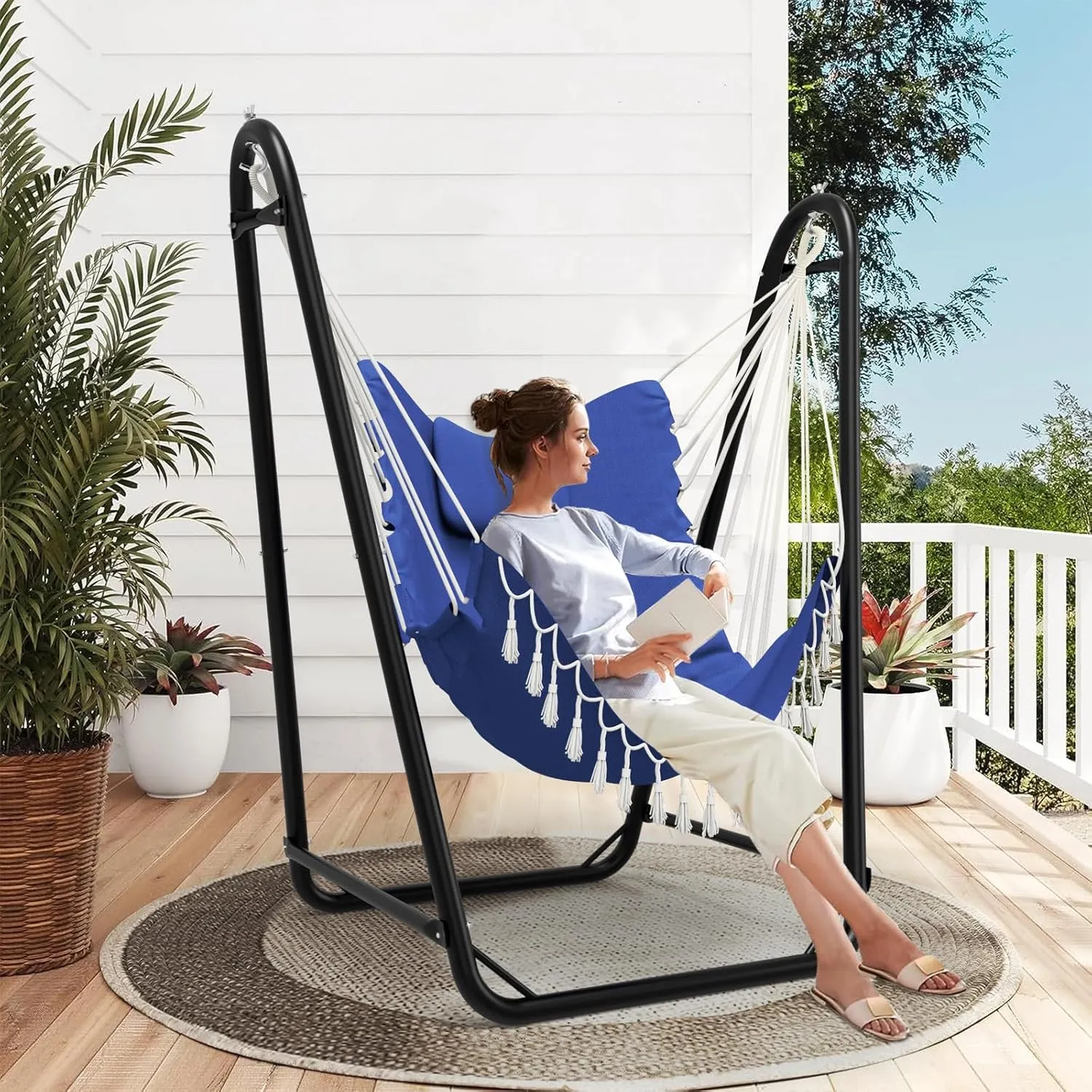 Hammock Chair with Stand,Heavy-Duty Hanging Chair with Stand, for Indoor Outdoor,Sturdy Swing Chair Stand Max Load 350 pounds(Hammock Chair Included) (Navy)