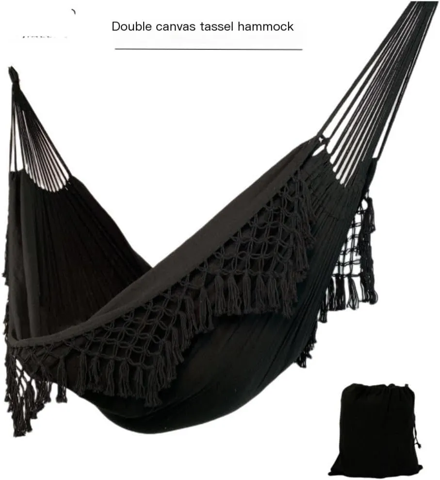 Hammock Double Enlarged Canvas Swing Indoor and Outdoor Camping Hanging Chair Photography Retro Tassel Hammock Hammocks for Outside(Black)