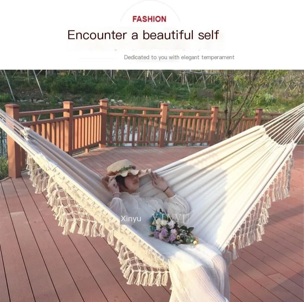 Hammock Double Enlarged Canvas Swing Indoor and Outdoor Camping Hanging Chair Photography Retro Tassel Hammock Hammocks for Outside(Black)