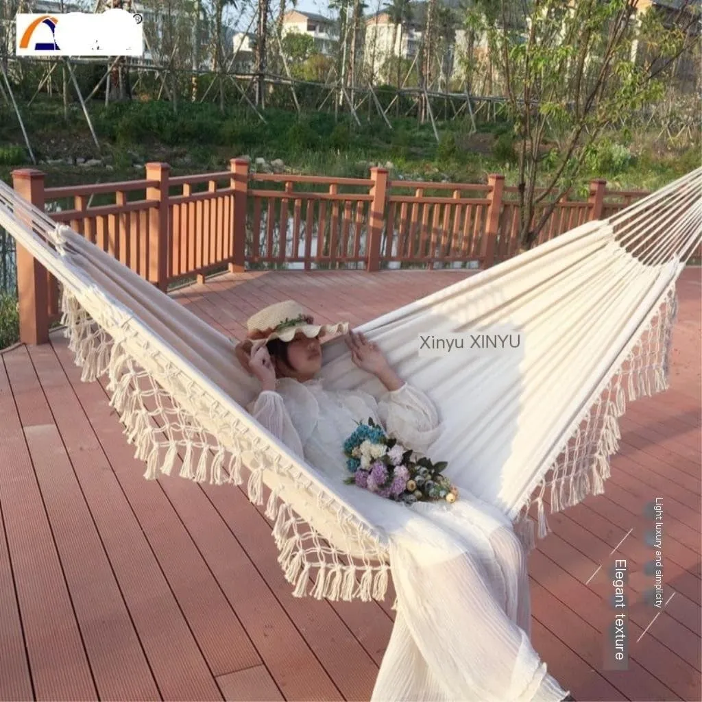 Hammock Double Enlarged Canvas Swing Indoor and Outdoor Camping Hanging Chair Photography Retro Tassel Hammock Hammocks for Outside(Black)