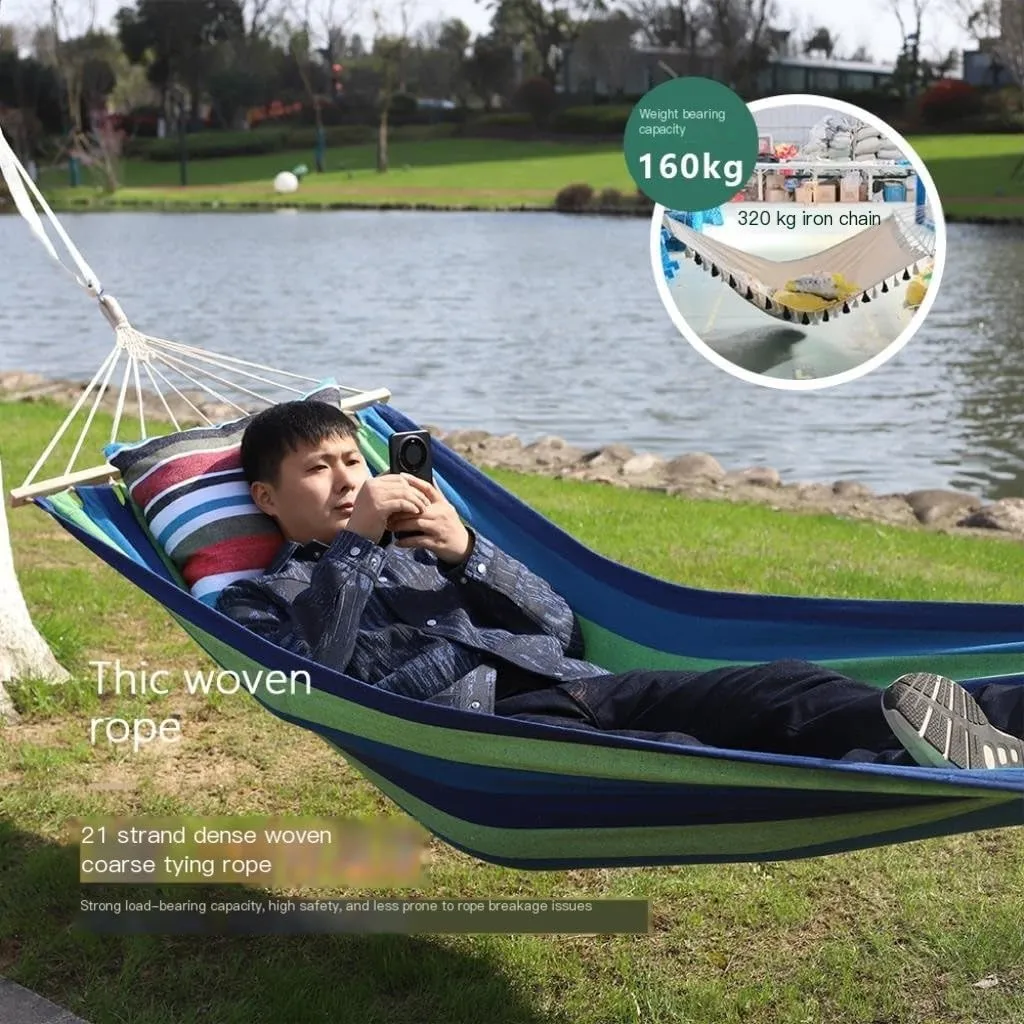 Hammock Outdoor Hammock Camping Canvas Straight Wooden Stick Anti-Rollover Leisure Single and Double Swing Room Hammocks for Outside(A)