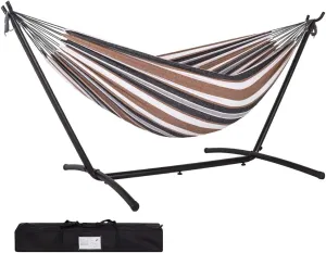 Hammock with Stand for Outside, Heavy Duty Space Saving Steel Stand with 450 lb Capacity, Double Hammock with Portable Carrying Bag, Hamacas Para Adultos for Outdoors, Patio, Garden, Yard