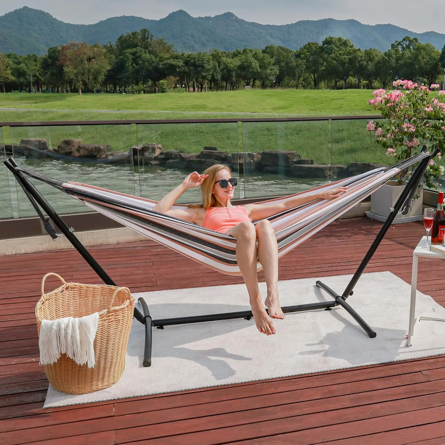 Hammock with Stand for Outside, Heavy Duty Space Saving Steel Stand with 450 lb Capacity, Double Hammock with Portable Carrying Bag, Hamacas Para Adultos for Outdoors, Patio, Garden, Yard