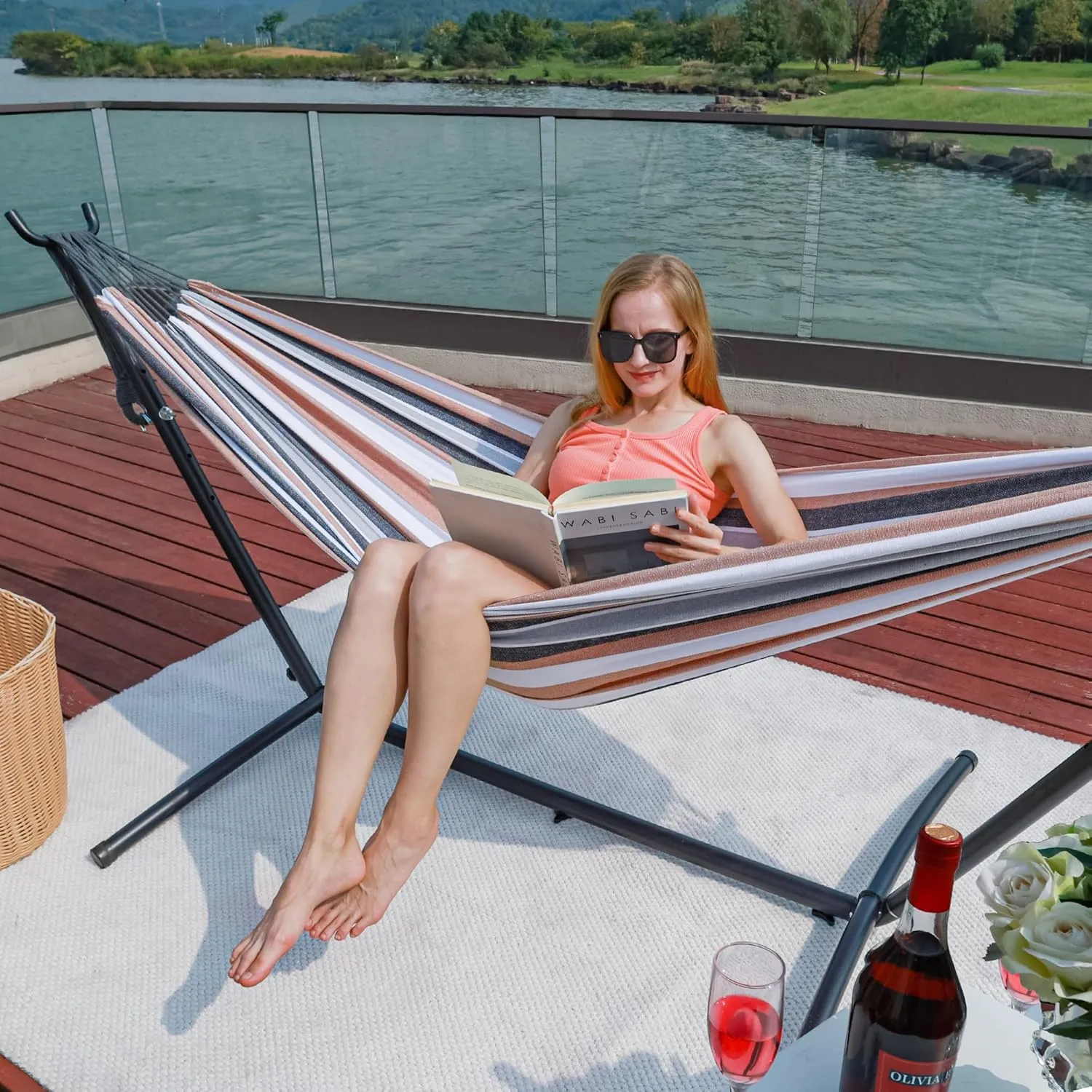 Hammock with Stand for Outside, Heavy Duty Space Saving Steel Stand with 450 lb Capacity, Double Hammock with Portable Carrying Bag, Hamacas Para Adultos for Outdoors, Patio, Garden, Yard