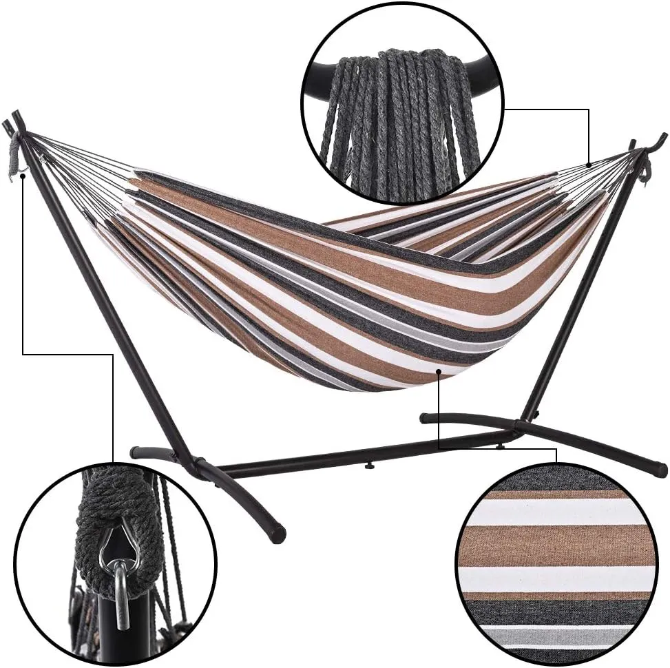 Hammock with Stand for Outside, Heavy Duty Space Saving Steel Stand with 450 lb Capacity, Double Hammock with Portable Carrying Bag, Hamacas Para Adultos for Outdoors, Patio, Garden, Yard