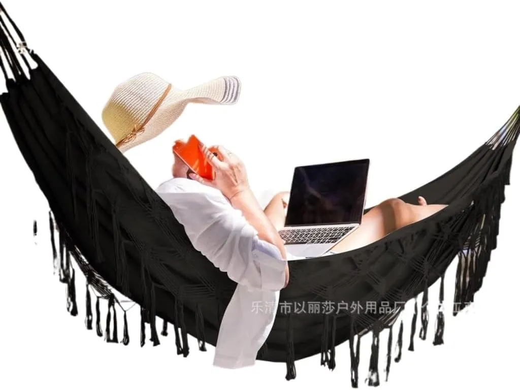 Hammocks Double Tassel Hammock Outdoor Bohemian Style Homestay with Canvas Anti-Rollover Swing Rocking Net Bed Camping Hammocks(White)