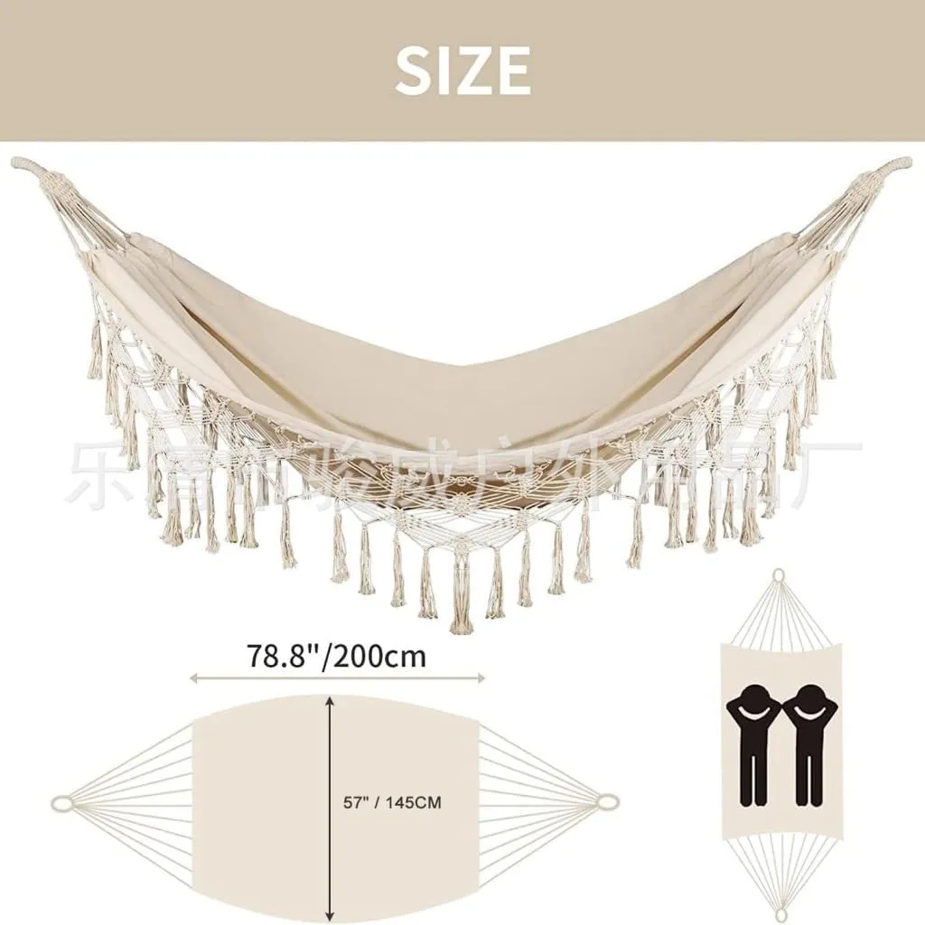 Hammocks Double Tassel Hammock Outdoor Bohemian Style Homestay with Canvas Anti-Rollover Swing Rocking Net Bed Camping Hammocks(White)