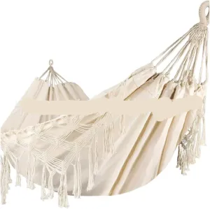 Hammocks Double Tassel Hammock Outdoor Bohemian Style Homestay with Canvas Anti-Rollover Swing Rocking Net Bed Camping Hammocks(White)