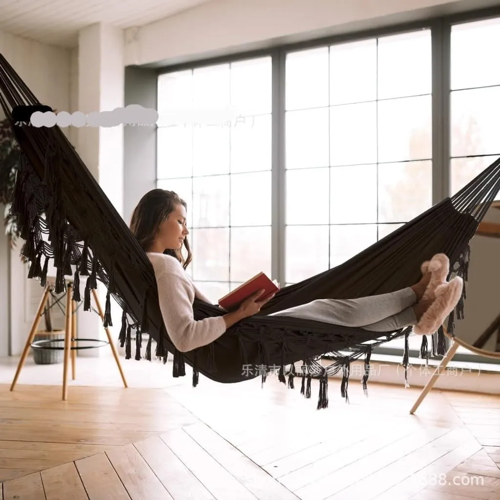Hammocks Double Tassel Hammock Outdoor Bohemian Style Homestay with Canvas Anti-Rollover Swing Rocking Net Bed Camping Hammocks(White)