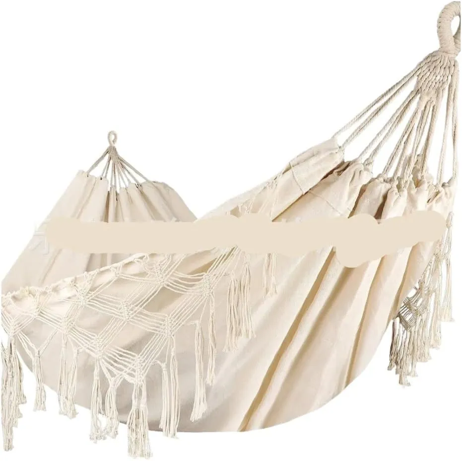 Hammocks Double Tassel Hammock Outdoor Bohemian Style Homestay with Canvas Anti-Rollover Swing Rocking Net Bed Camping Hammocks(White)