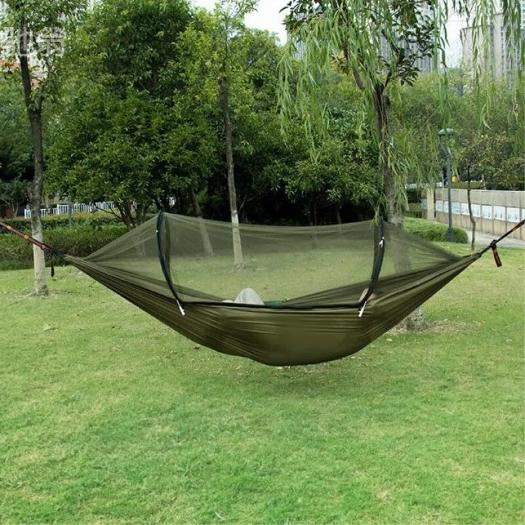 Hammocks Outdoor Anti-Mosquito Hammock Automatic Quick Opening with Mosquito Net Parachute Cloth Single Double Camping Hammocks(B)