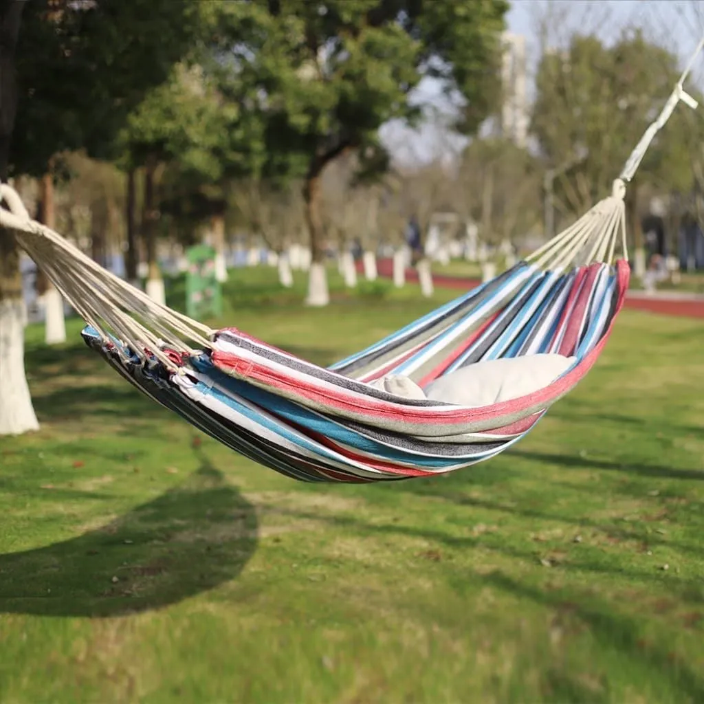 Hammocks Outdoor Hammock Woven Tassel Thick Canvas Straight Stick Anti-Rollover Leisure Camping Single Double Swing Camping Hammocks(Red,B)