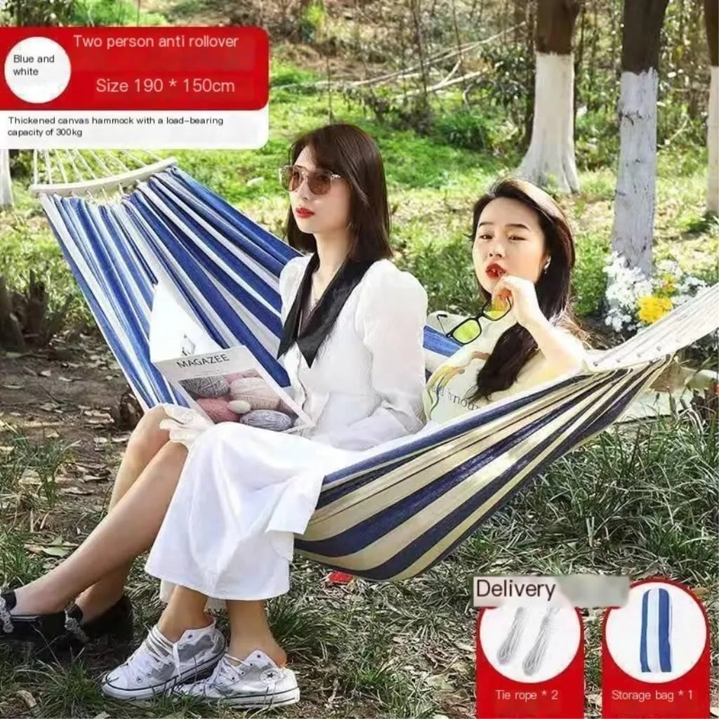 Hammocks Outdoor Thickened Canvas Outdoor Bent Wooden Stick Hanging Sheet Double Hammock Swing Dormitory Camping Camping Hammocks(A)