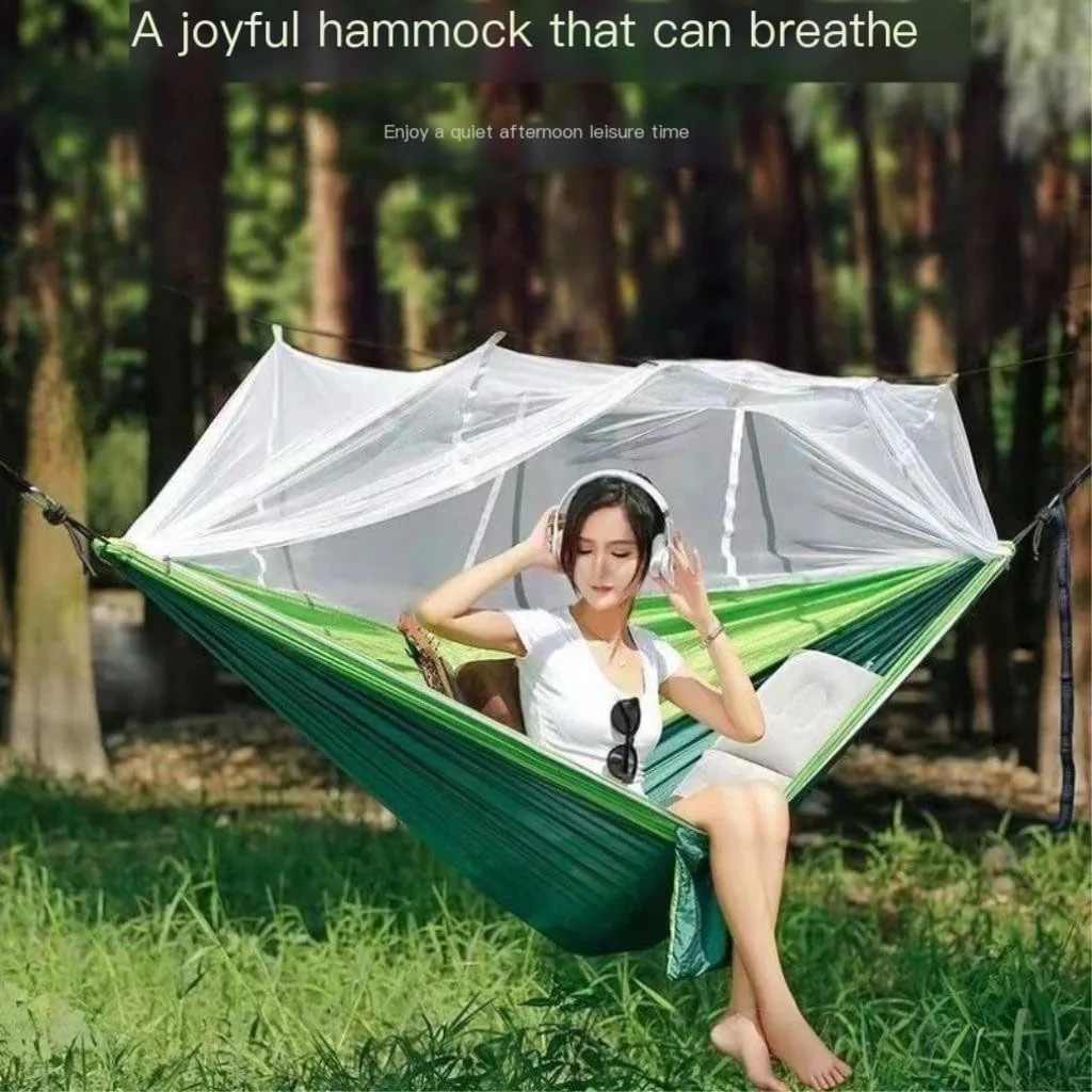 Hamock Hammock Outdoor Sleeping Double Anti-Rollover with Mosquito Net Courtyard Camping Thickened Indoor Home Swing Hanmock(Green,A)