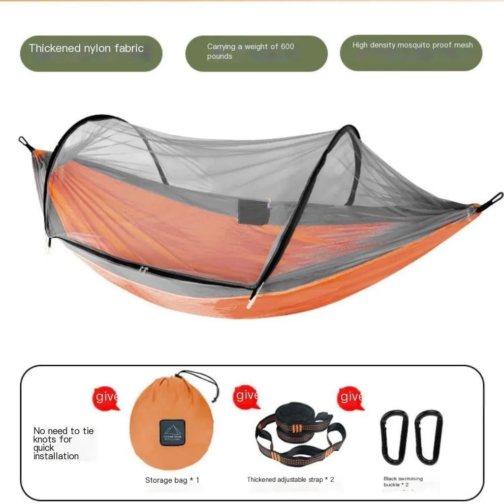 Hamock Outdoor Anti-Mosquito Hammock Automatic Quick Opening with Mosquito Net Parachute Cloth Single Double Portable Hanmock(A)