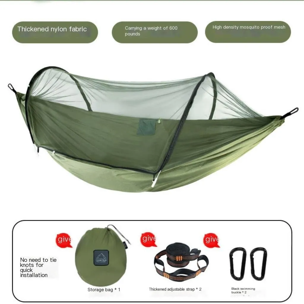 Hamock Outdoor Anti-Mosquito Hammock Automatic Quick Opening with Mosquito Net Parachute Cloth Single Double Portable Hanmock(A)