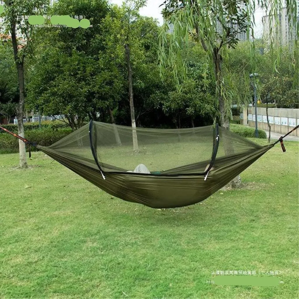 Hamock Outdoor Anti-Mosquito Hammock Automatic Quick Opening with Mosquito Net Parachute Cloth Single Double Portable Hanmock(Green)