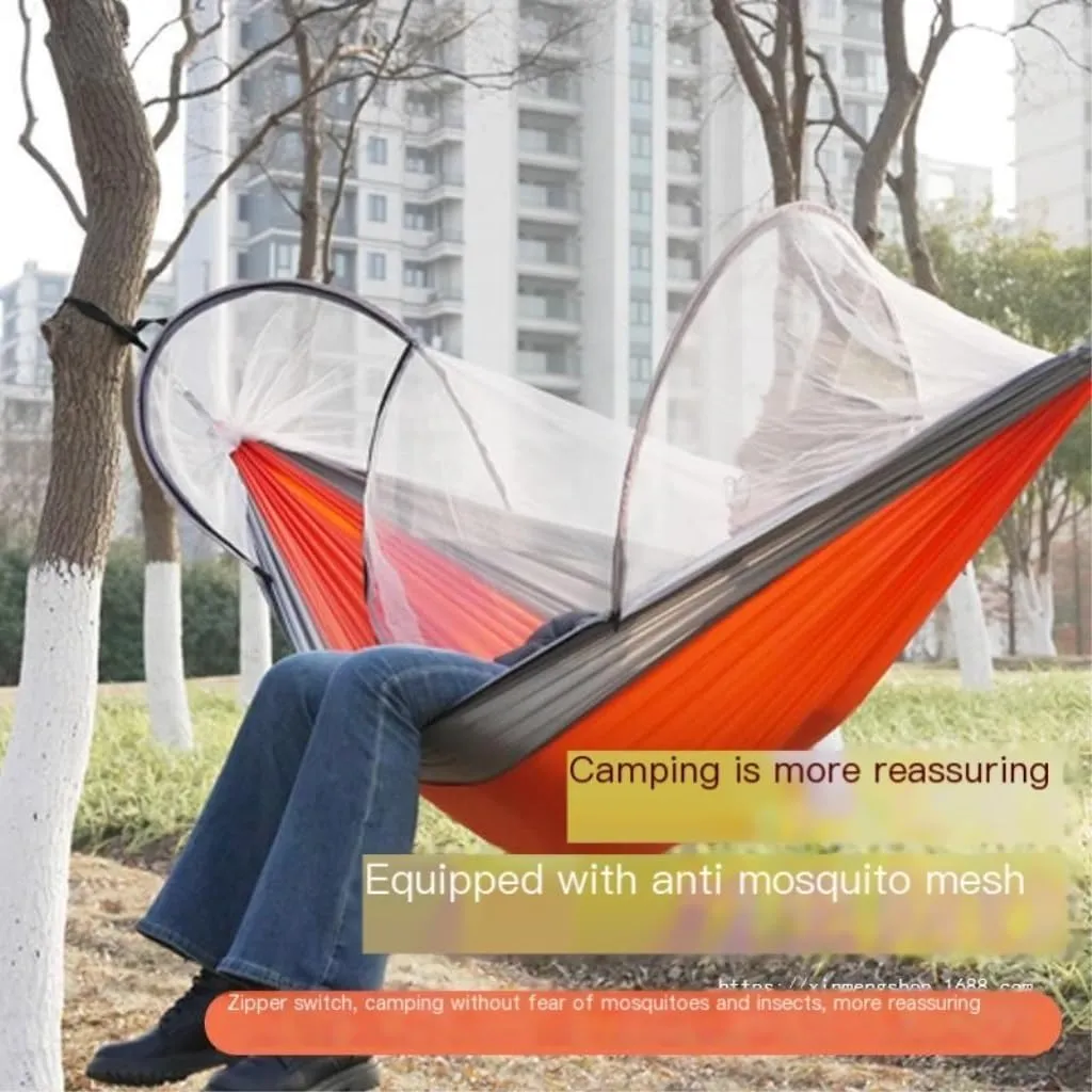 Hamock Outdoor Camping Anti-Rollover Nylon Hammock with Mosquito Net Automatic Quick-Opening Mosquito Net Hammock Hanmock(Pink)