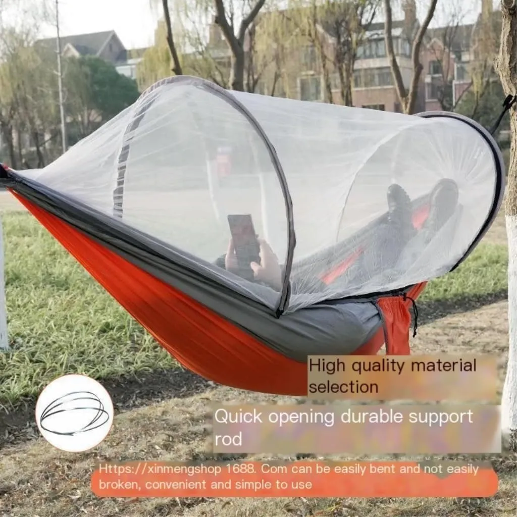 Hamock Outdoor Camping Anti-Rollover Nylon Hammock with Mosquito Net Automatic Quick-Opening Mosquito Net Hammock Hanmock(Pink)