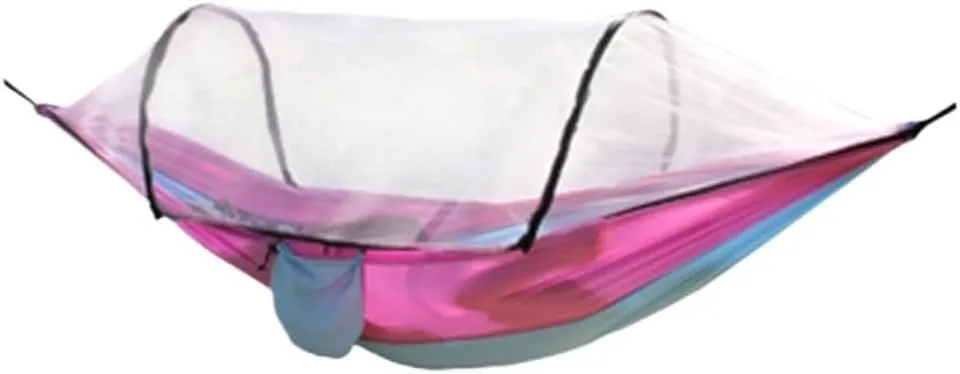 Hamock Outdoor Camping Anti-Rollover Nylon Hammock with Mosquito Net Automatic Quick-Opening Mosquito Net Hammock Hanmock(Pink)