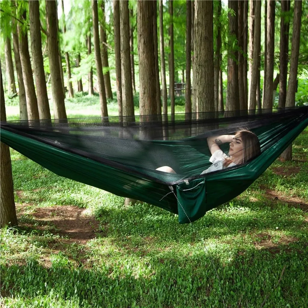 Hamock Outdoor Camping Quick-Open Mosquito Net Hammock 210T Nylon Hammock with Mosquito Net Outdoor Swing Hammock Hanmock(Green)