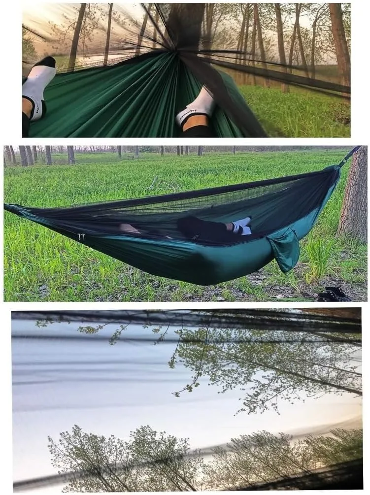 Hamock Outdoor Camping Quick-Open Mosquito Net Hammock 210T Nylon Hammock with Mosquito Net Outdoor Swing Hammock Hanmock(Green)