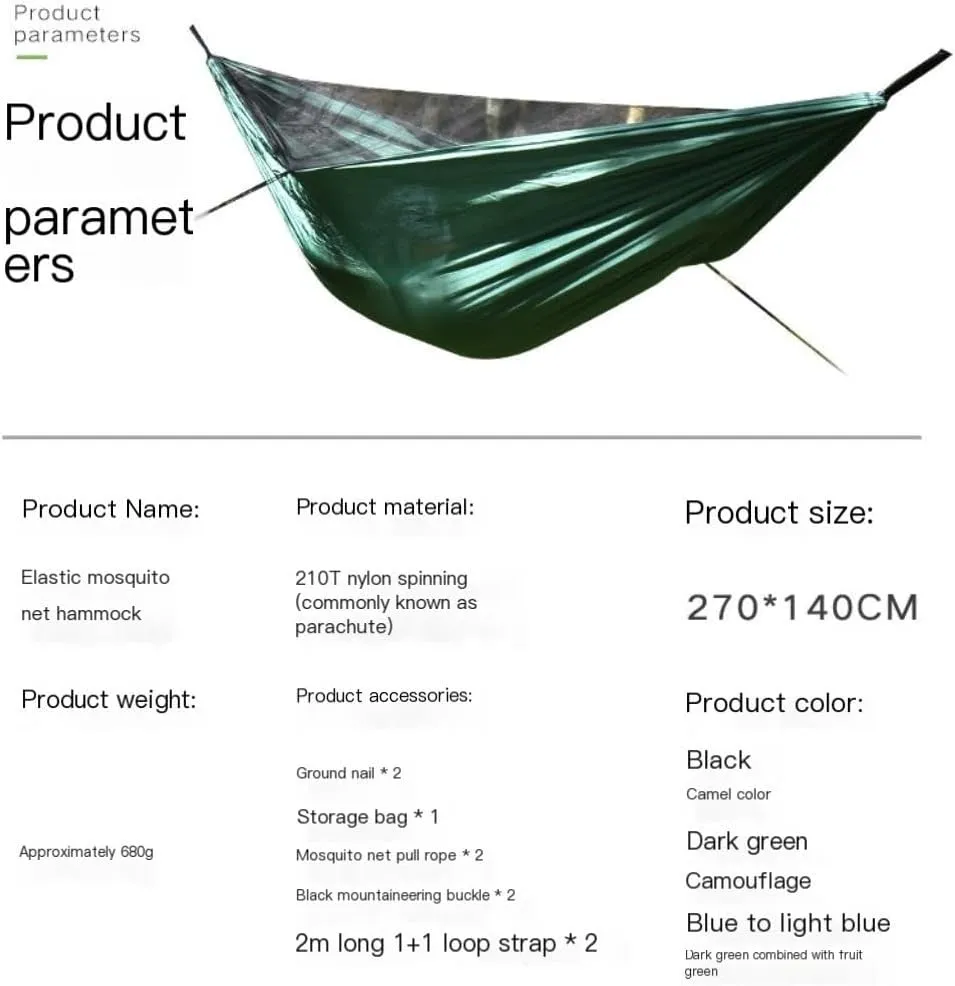 Hamock Ultra-Light Nylon Double Hammock Parachute Cloth Anti-Rollover Elastic Band Encrypted Mosquito Net Hammock Hanmock(C)