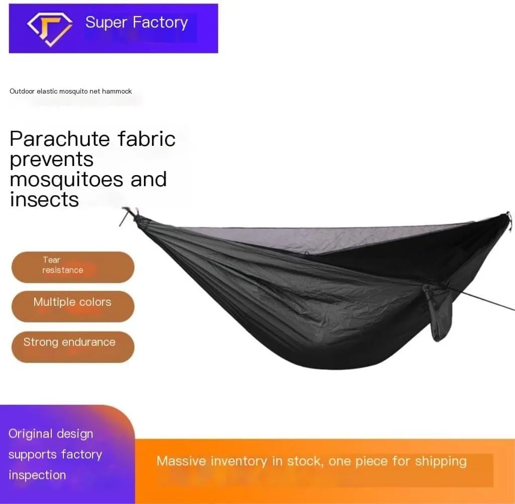 Hamock Ultra-Light Nylon Double Hammock Parachute Cloth Anti-Rollover Elastic Band Encrypted Mosquito Net Hammock Hanmock(D)