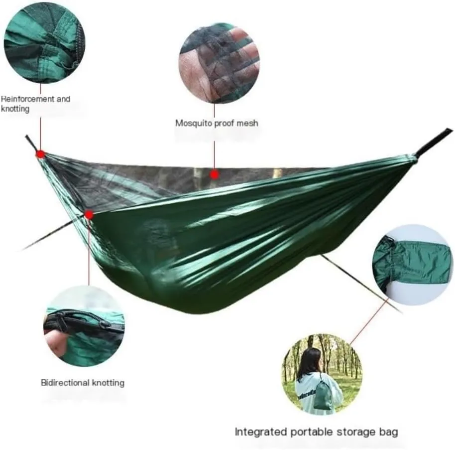 Hamock Ultra-Light Nylon Double Hammock Parachute Cloth Anti-Rollover Elastic Band Encrypted Mosquito Net Hammock Hanmock(D)