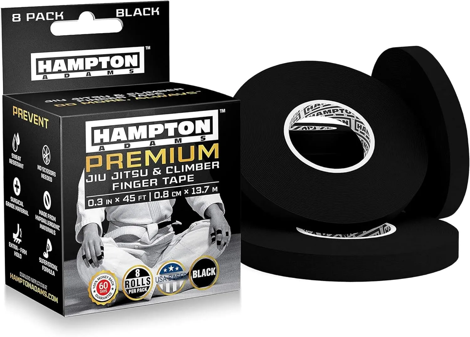 Hampton Adams | As Seen on Shark Tank | Pro Finger Tape (8-Pack) | for BJJ Bouldering Crossfit Weightlift | Non-Slip Extreme Quality No-Fray Climbing Tape | Extended Wear Super Strong Adhesive