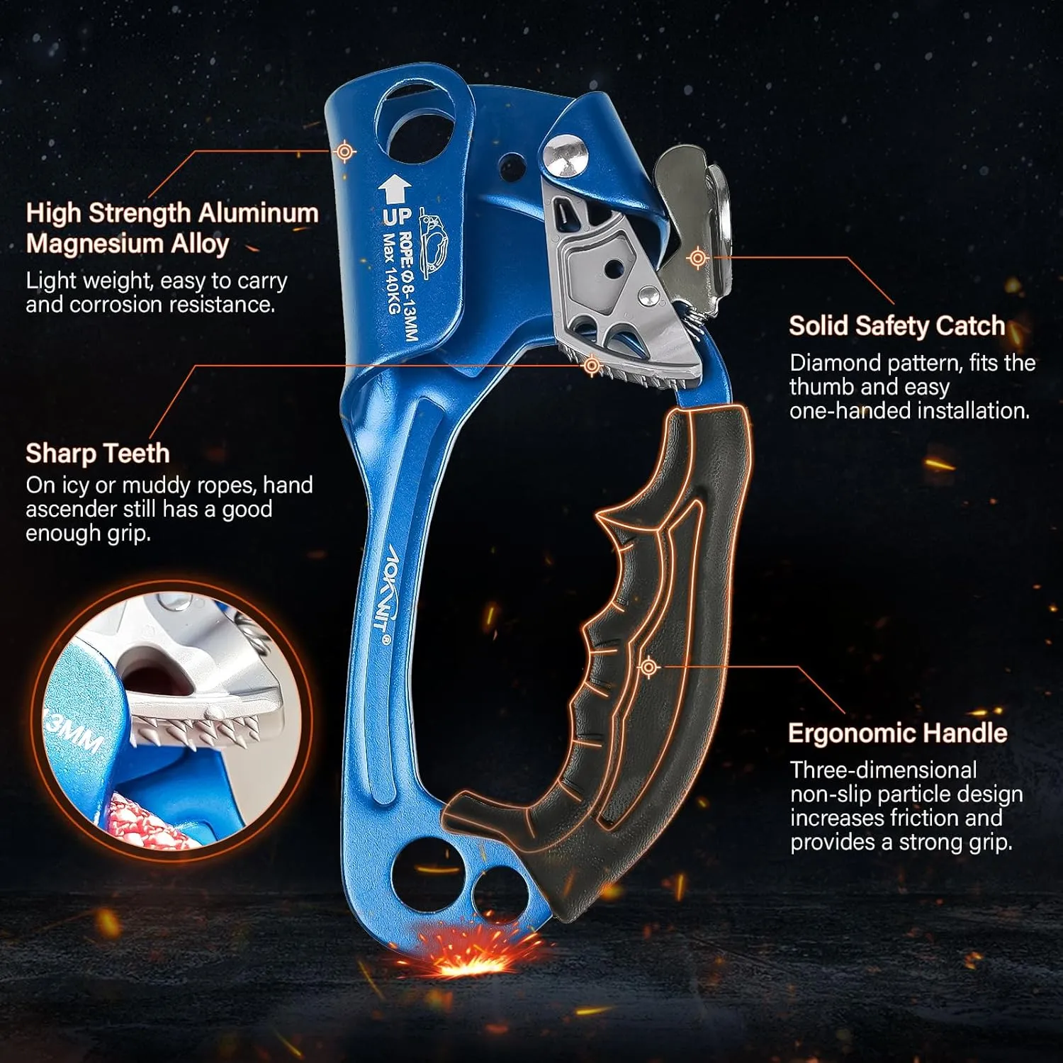 Hand Ascender High strength aluminum Alloy Climbing Ascender with Ergonomic Rubber Handle Strong Rappelling Gear Equipment for Rock Climbing Tree Arborist Rescue Mountaineering Caving Left Right Hand