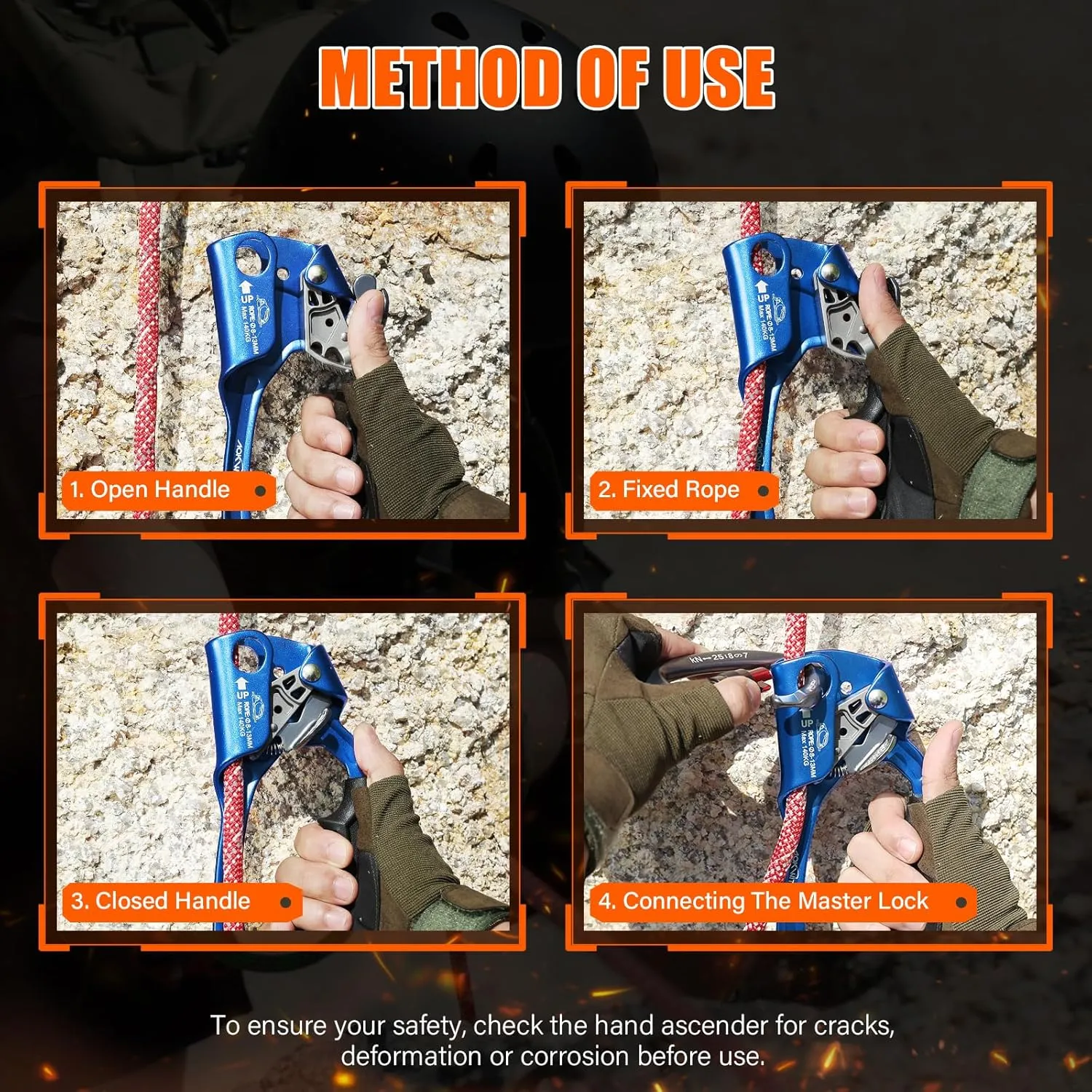 Hand Ascender High strength aluminum Alloy Climbing Ascender with Ergonomic Rubber Handle Strong Rappelling Gear Equipment for Rock Climbing Tree Arborist Rescue Mountaineering Caving Left Right Hand